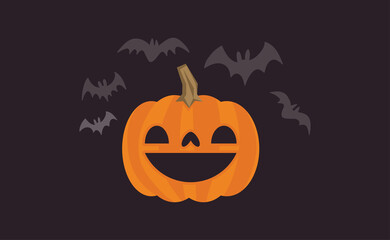 Happy Halloween design. Cute pumpkin with carved smile face, spooky season. Flying bats. Funny illustration. Trick or treat decoration.