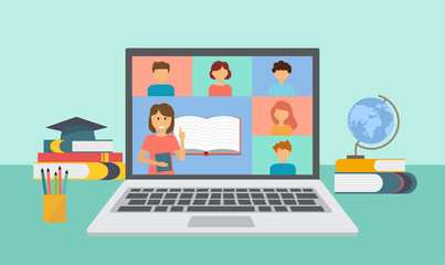 online education or e-learning, teacher teaching students on computer laptop screen, distance learning, online course concept, new normal