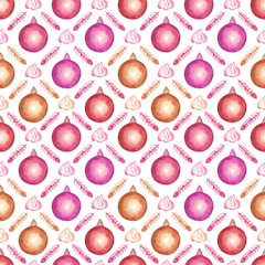 Seamless pattern with yellow, pink and purple Christmas decorating balls, marshmallows and fir branches. Watercolor illustration. Perfect for giftware and stationery, wallpaper and backgrounds. 