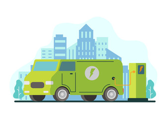 Eco car charging station.Electric van refueling .Green energy.City skyline with skyscrapers.Flat vector illustration.