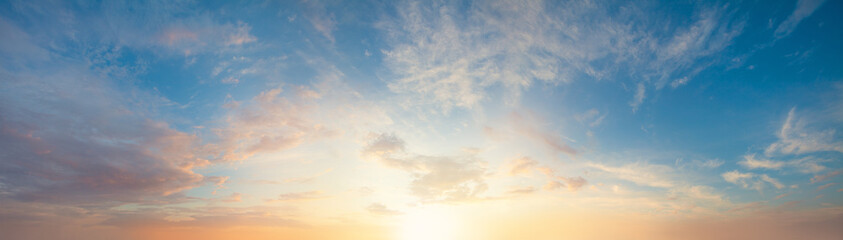 Naklejka na ściany i meble Dawn. Beautiful morning sun and sky with clouds, landscape panorama skyline background