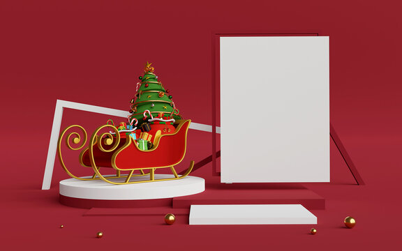 Merry Christmas and Happy New Year, Scene of Podium and copy space with Christmas sleigh, 3d rendering