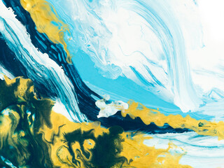 Abstract art painting, blue with gold creative hand painted background, marble and brush  texture