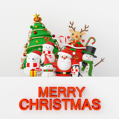 Merry Christmas and Happy New Year, Scene of Christmas celebration with Santa Claus and friends, 3d rendering