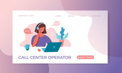 Call center operator vector illustration. Customer online support manager woman working in headphones