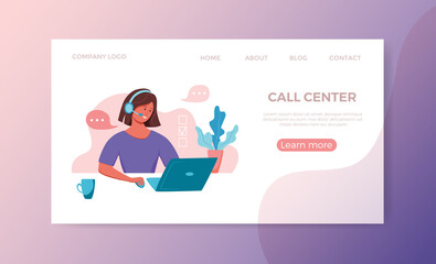 Call center operator vector illustration. Customer online support manager woman working in headphones