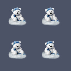 Pattern. White bear toy in a headdress on a dark blue background.