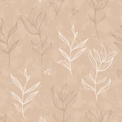 Vector Peony Leaves in Beiges on Textured Background seamless pattern background.