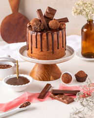 Chocolate Cake with truffles on the top and chocolate bars.