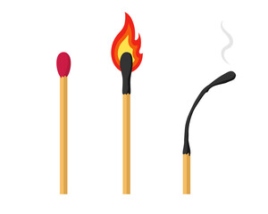 Unlit, Burning and Burnt Match. Set of matchsticks isolated on a white background. Vector illustration.