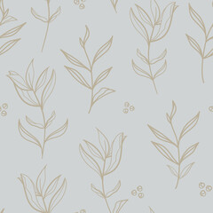 Vector Peony Leaves Line Art on Dusty Blue seamless pattern background.