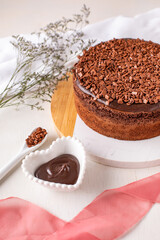 Chocolate brownie with creamy topping and chocolate.
