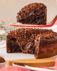 Decadent chocolate brownie with creamy topping and slice.