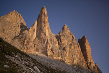 The south side of Three peaks of Lavaredo in the Italian Dolomites.