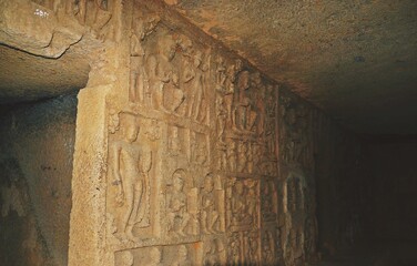 ancient stone carving in buddhist cave