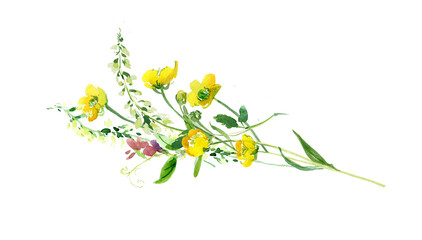 Rustic Wedding Invitation Design, Buttercup Flowers  Bouquet, Wild Field Flowers Wattercolor Arrangement 