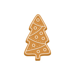 Gingerbread Christmas tree shape, with white icing for holiday dinner. Traditional tasty biscuit for New Year dinner, symbol of Xmas. Vector illustration, isolated on white background.