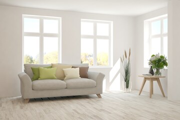 White living room with sofa. Scandinavian interior design. 3D illustration