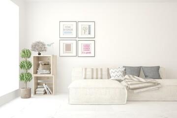 White living room with sofa. Scandinavian interior design. 3D illustration