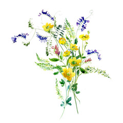 Buttercup, Sweet Peas Bouquet, Rustic Herbal Watercolor Arrangement, Little Yellow Wild Field Flowers
