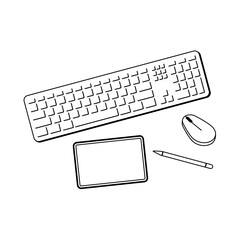 A creative persons desk with multiple devices like tablet, mouse, keyboard in vector