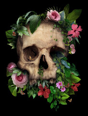 Skull with plants on black background. - 379997445