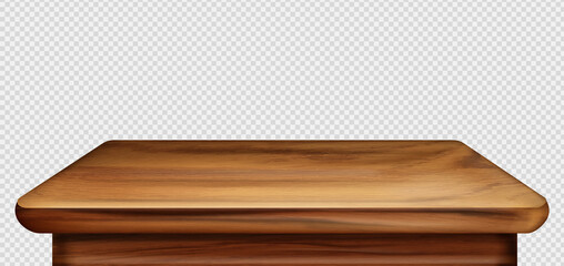 Wooden table foreground, vintage tabletop front view, old brown rustic countertop of wood surface. Retro dining desk or plank texture isolated on transparent background, realistic 3d vector mock up