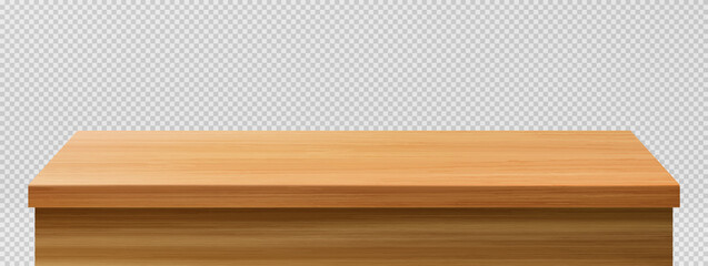 Wooden table foreground, tabletop front view, brown rustic countertop of wood surface. Retro dining desk or plank texture isolated on transparent background, realistic 3d vector mock up