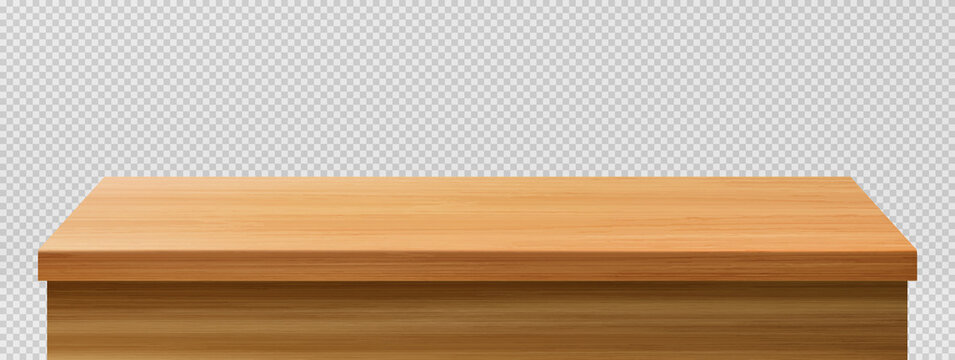 Wooden table foreground, tabletop front view, brown rustic countertop of wood surface. Retro dining desk or plank texture isolated on transparent background, realistic 3d vector mock up