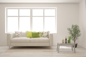 White living room with sofa. Scandinavian interior design. 3D illustration