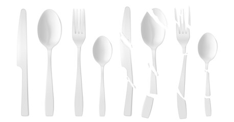 New and broken plastic cutlery isolated on white background. Vector realistic set of cracked white flatware, disposable plastic fork, spoon and knife. Shattered tableware