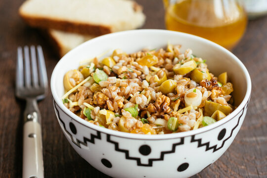 Emmer (Farro) with Green Olives, Raisins and Walnuts
