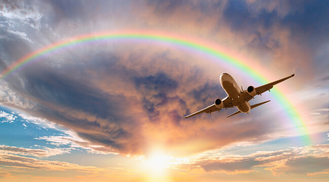 Airplane in the sky at sunset, rainbow in the background