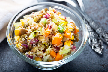 Lentil salad with veggies. Lentil salad with mix vegetables in bowl.