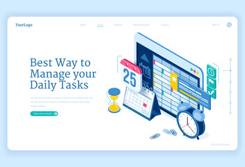 Daily tasks management banner. Software and strategies for productive planning work or education. Vector landing page with isometric clock, calendar and schedule on tablet screen