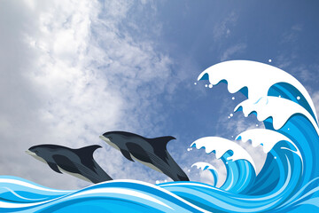 Dolphins or porpoises leaping out of the water in front of ocean waves set against a blue cloudy sky