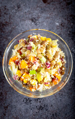 Lentil salad with veggies. Lentil salad with mix vegetables in bowl.