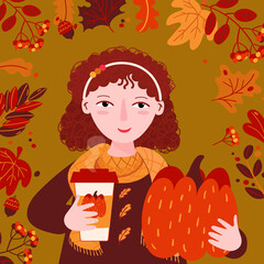 Cute Girl holds in hand Pumpkin Spice Latte. Autumn Background with oak leaves and acorns. Cozy Fall illustration with hot drink, coffee or tea. Woman in wool sweater and scarf