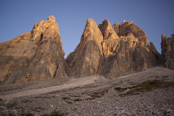 The south side of Three peaks of Lavaredo in the Italian Dolomites.