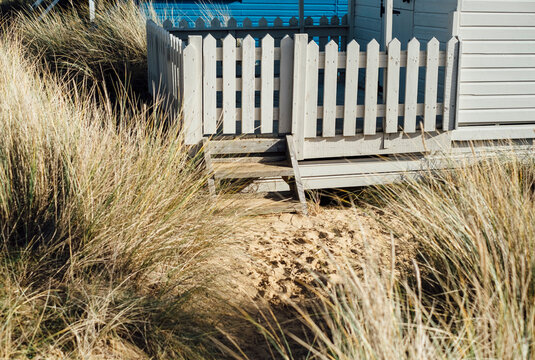 Gate and fench on a beach hut at Old Hunstanton, Norfolk, UK.