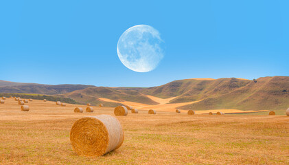Big round bales of straw in the meadow with full moon - Harvested field with straw bales in summer...
