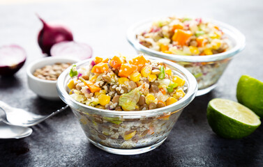 Lentil salad with veggies. Lentil salad with mix vegetables in bowl.