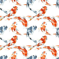 Seamless watercolor pattern with koi Carp on a white background. Watercolor orange fish for fabrics, banners, prints, postcards, gifts.