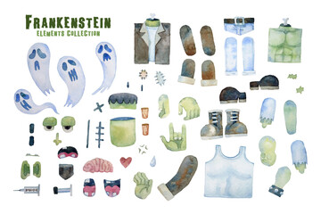 Frankenstein elements isolated Halloween collection watercolor painting. 