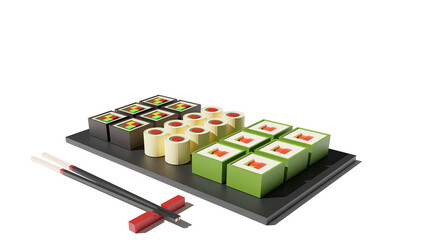Sushi set 3d rendering low poly model. Sushi rolls and chopsticks on white background. Japanese food, fresh food concept for restaurant menu design. Tasty seafood web landing page with copy space.