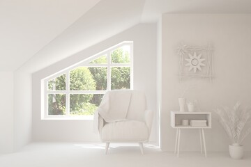 Mock up of stylish room in white color with armchair. Scandinavian interior design. 3D illustration