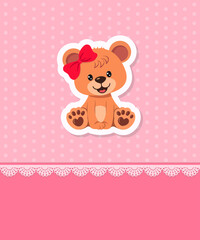 Greeting card, Invitation with teddy bear girl with frame, lace and pattern. Place for your text