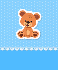 Greeting card, Invitation with teddy bear boy with frame, lace and pattern. Place for your text
