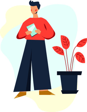 Flat vector illustration of a man with a graphic tablet in his hands and plant nearby.