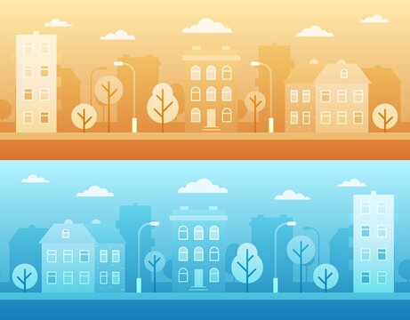 City street landscape background. Urban scene with hoses and trees. Abstract city backdrop. Vector cartoon illustration.